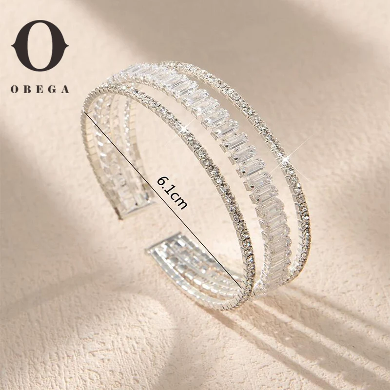 Obega Chic Multilayer Cuff Bracelet Full Shiny Cubic Zircon Korean Bangles Classic Silver Color Daily Wear Wedding Jewelry