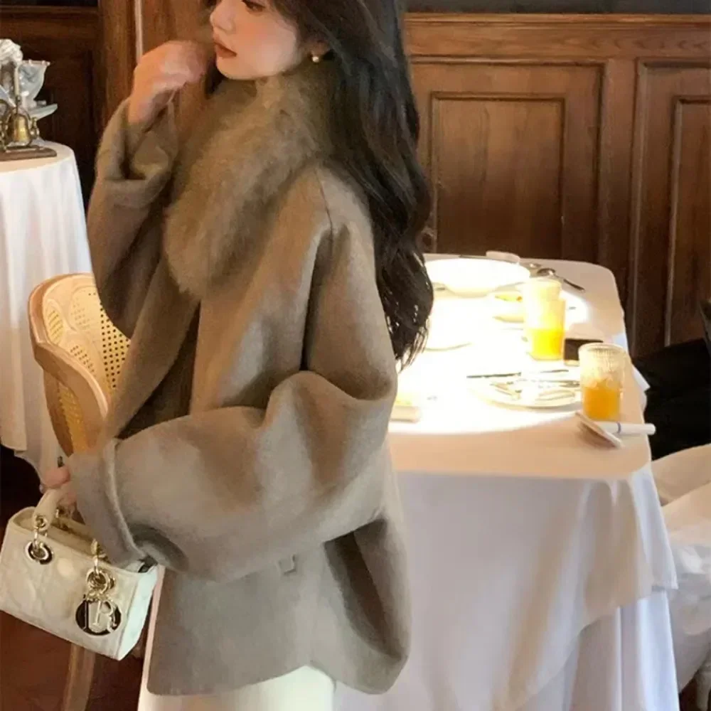 الراقية الوجهين سترة الكشمير المعنقة المرأة معطف فرو الثعلب الحقيقي الإناث الصوف سترة 2024 الخريف الشتاء جديد فضفاض معطف الصوف سيدة