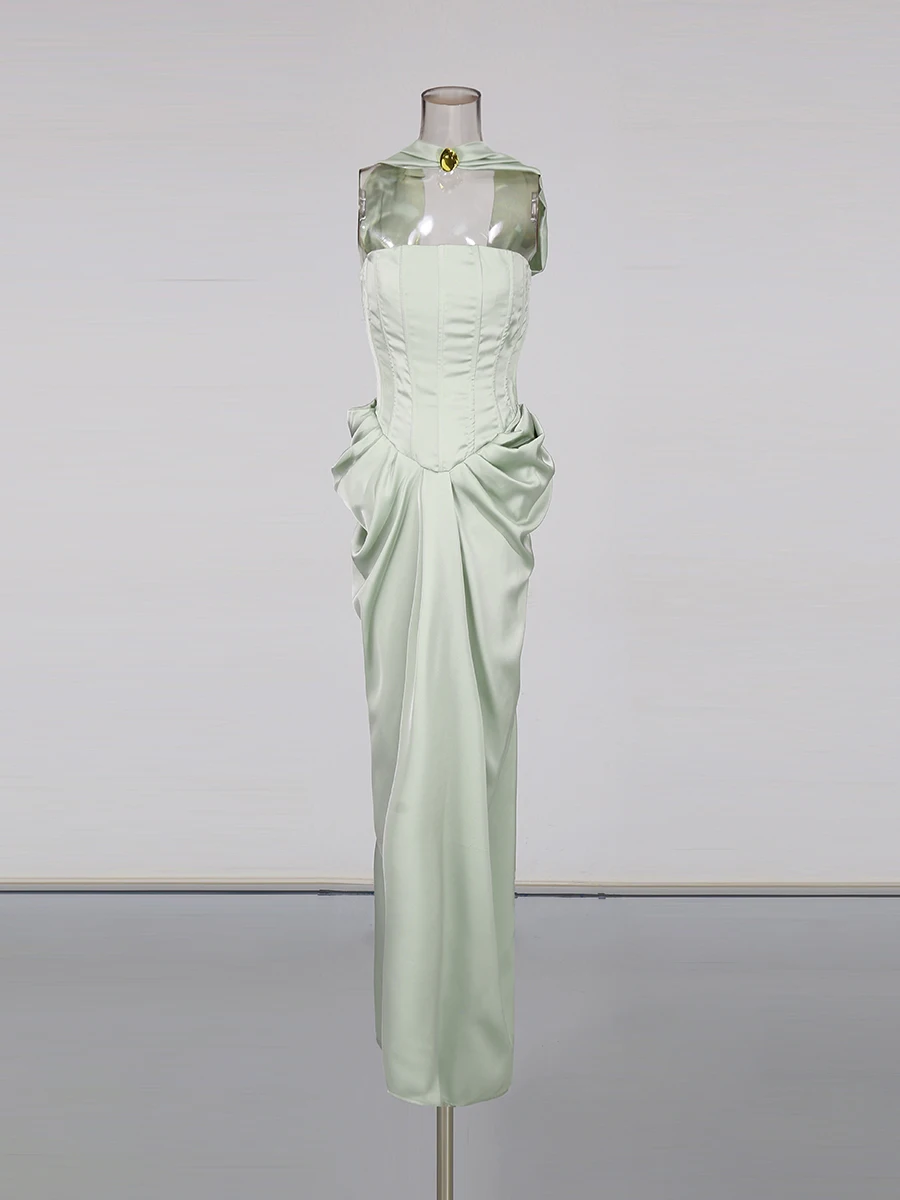 TWOTWINSTYLE Evening Prom Bodycon Maxi Dresses for Women Strapless Sleeveless High Waist Patchwork Ribbon Dress Female New Style