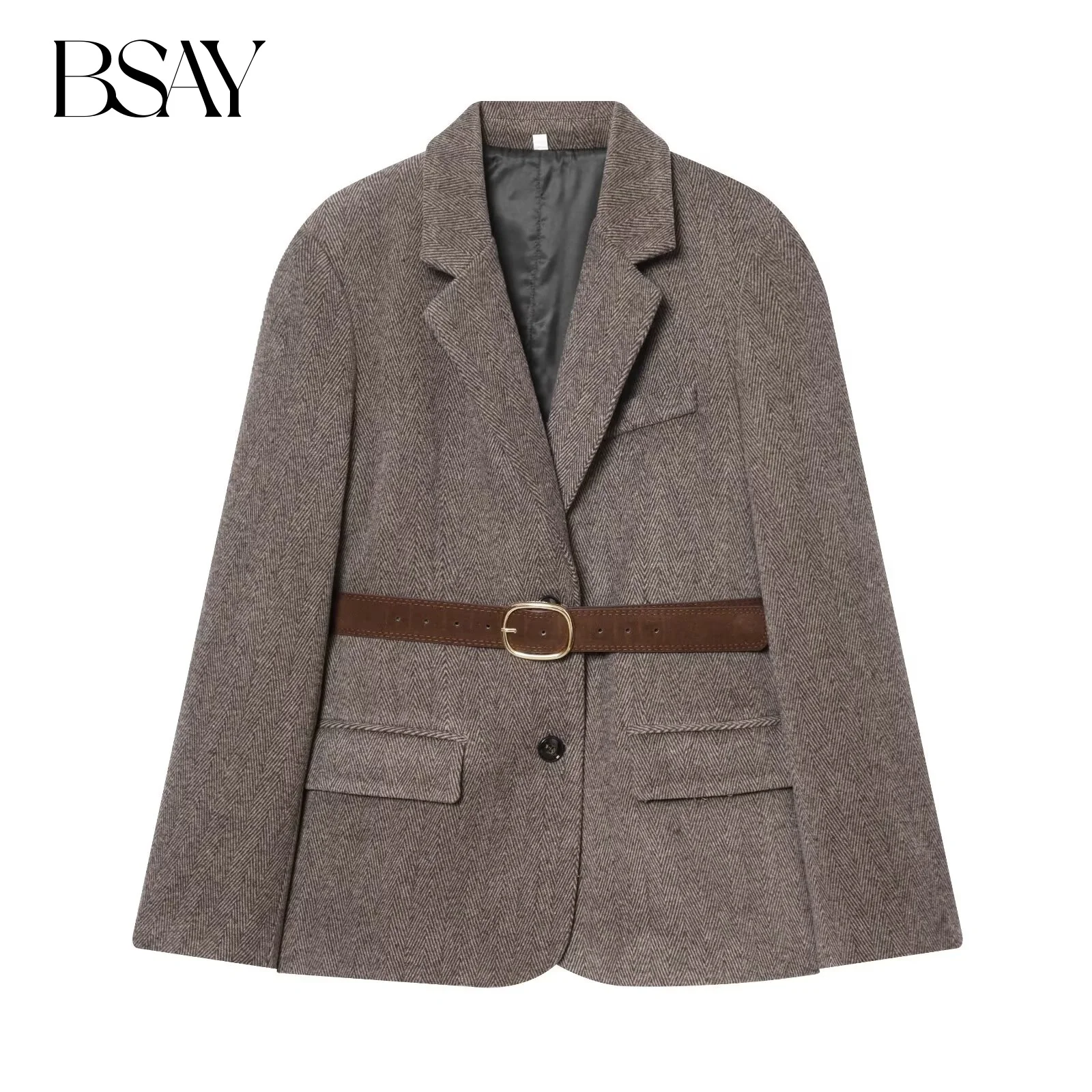 

BSAY Diagonal Belt Blazers for Women Fashion Autumn Winter New Solid Long Sleeve Single-breasted Suit Jacket Chic Female Coat