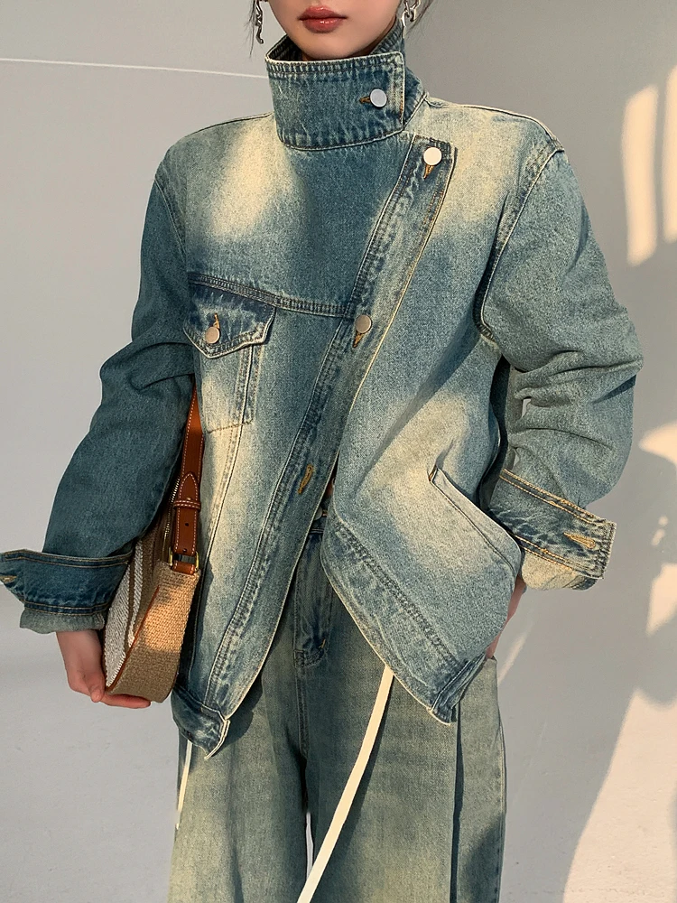 TWOTWINSTYLE Denim Vintage Jackets For Women Lapel Long Sleeve Patchwork Irregular Single Breasted Casual Jacket Female Clothing