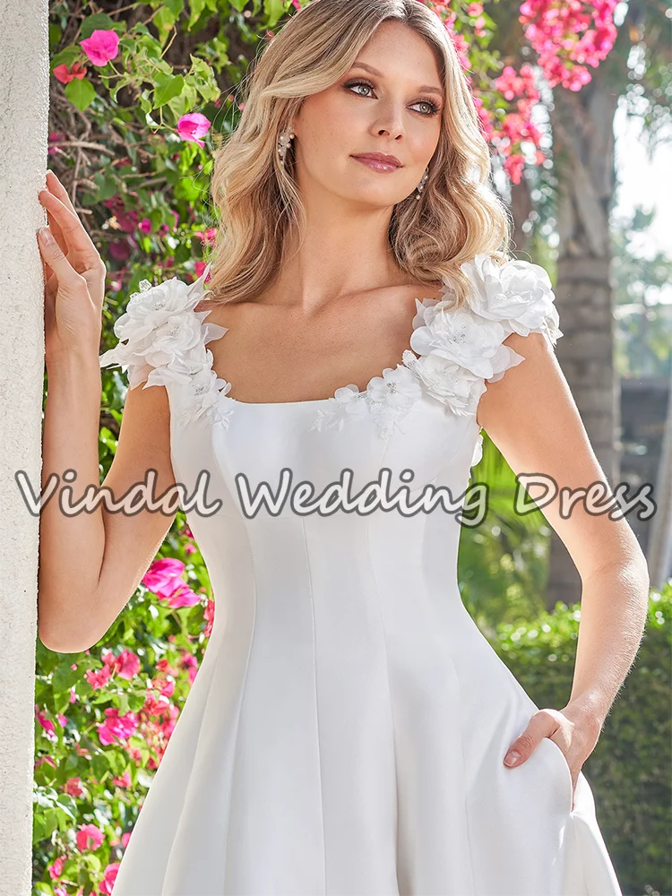 Vestidos de novia sencillos y elegantes de satén, corte en A, cuello cuadrado, correa de flores 3D, vestido de novia Formal, vestidos de fiesta al aire libre personalizados
