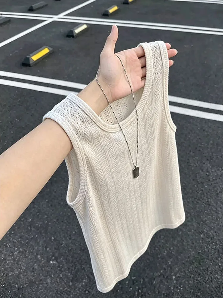 Textured Knitted Summer Thin Breathable Loose Sleeveless Vest Men's Casual Shoulder Padded T-Shirt in Apricot Wheat Spike Pat...
