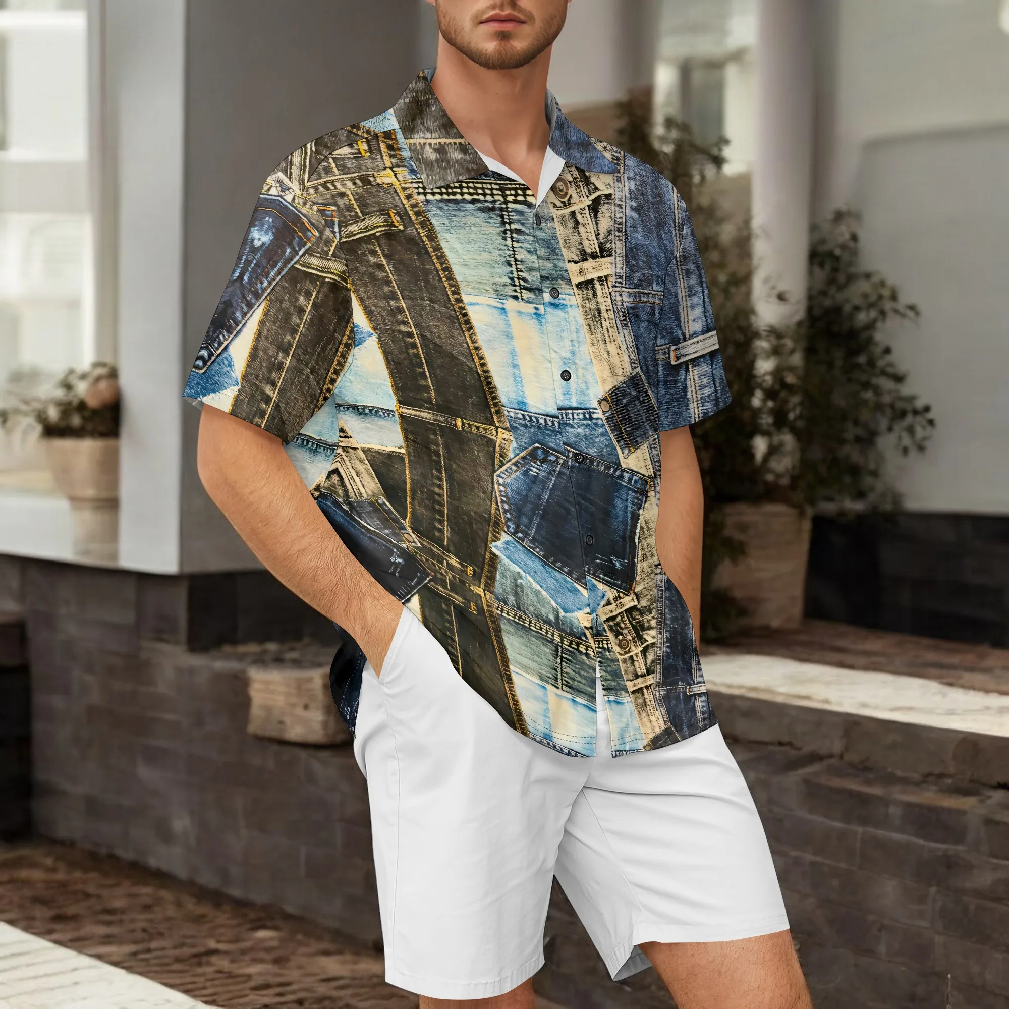 

YEAE Denim Patchwork Print Shirt for Men Summer Casual Short Sleeve Top