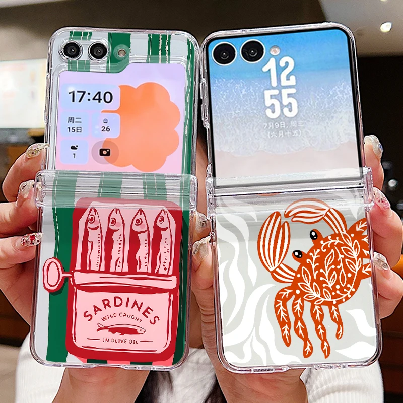 Sardines Crab Pattern Phone Case For Samsung Galaxy Z Flip 8 7 6 5 4 3 Clear Folding PC Cover For Samsung Z Flip8 Flip7 FE Flip6