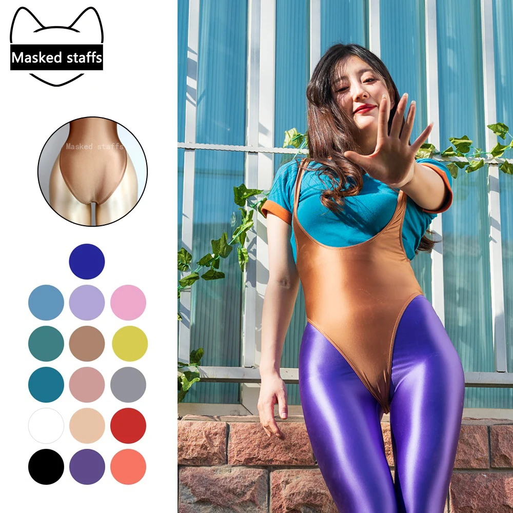 Masked staffs Satin Glossy swimsuit Sexy Fitness clothes silky Bodysuit Beach Shiny Vest crotch One-piece Casual sportswear