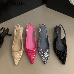 SUOJIALUN 2024 Spring New Women Sandal Fashion Bling Beads Laides Elegant Slingback Shoes Pointed Toe Slip On Mules Pumps Shoes