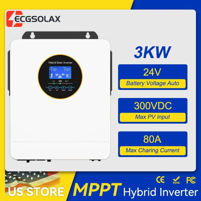 ECGSOLAX US 3KW Hybrid Solar Inverter With MPPT SCC AC Charger 120Vac Pure Sine Wave Solar Hybrid Inverter,24V Battery,Support Without Battery,RS485 BMS Communication for Home Solar Power System
