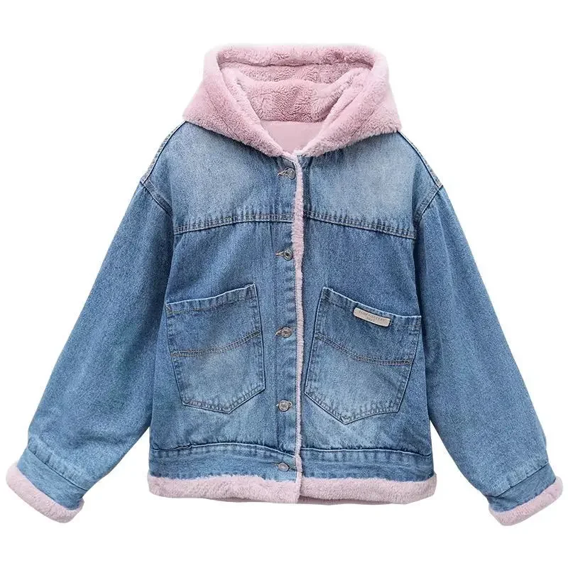 Women\'s Denim Jackets Hooded Female Jeans Coat Outerwears Winter 2024 for Cold Warm Pink Patchwork Padded with Fur Plush Luxury