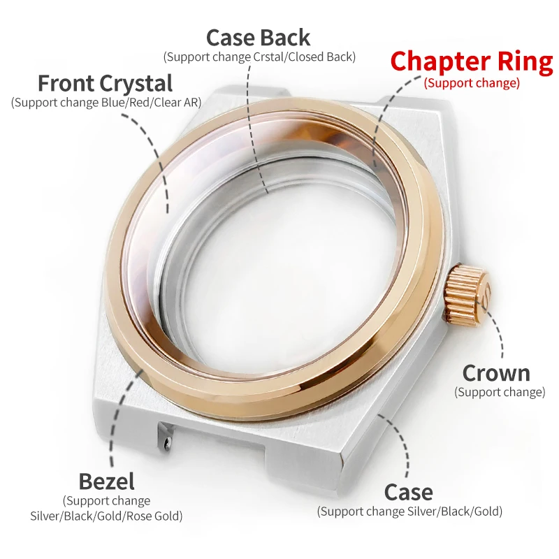 Silver PRX Watch Case Set Fits SKX07 Movement NH35 NH36 Stainless Steel Charpter Ring Case back Crown At 3 o’Clock Part