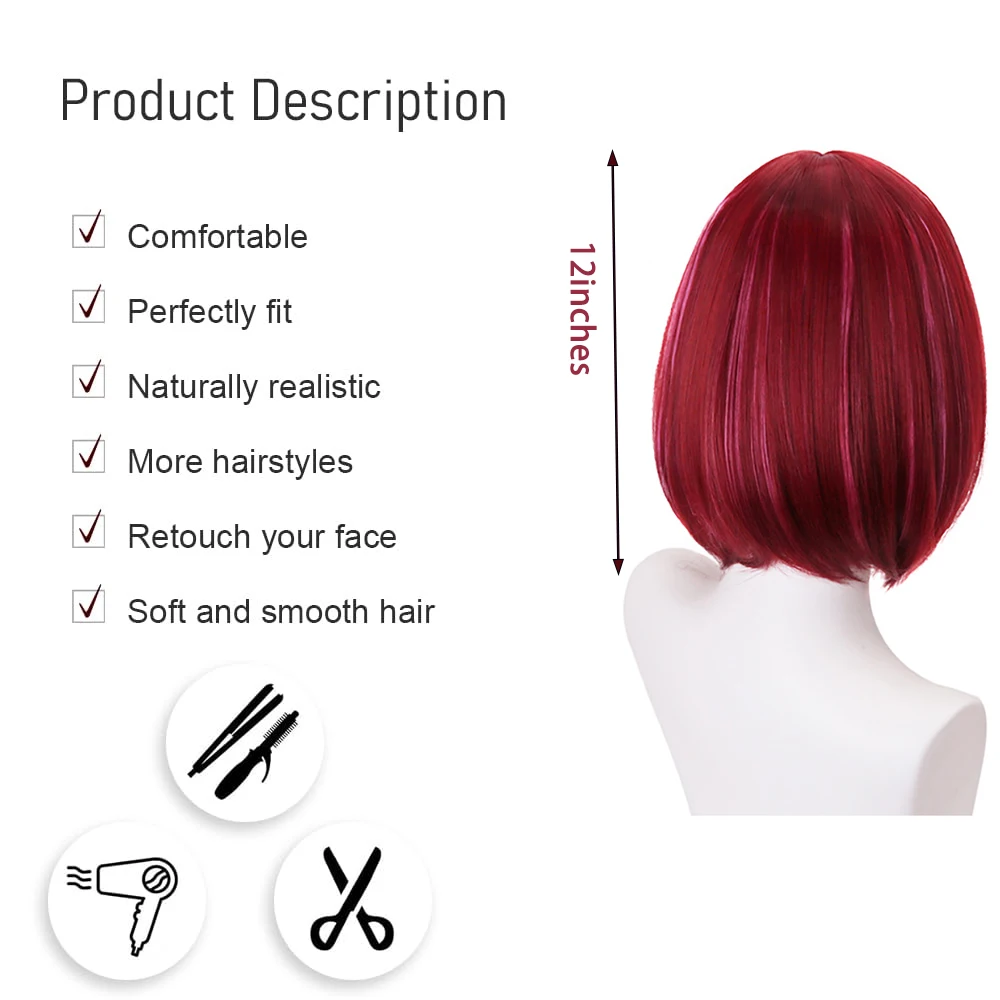 أنيمي عالي الجودة أوشي نوكو كانا أريما ‌ ‌   شعر مستعار صناعي كوسبلاي مقاس 12 بوصة باللون الأحمر الخمري، شعر مستقيم مميز للاستخدام اليومي، طبيعي