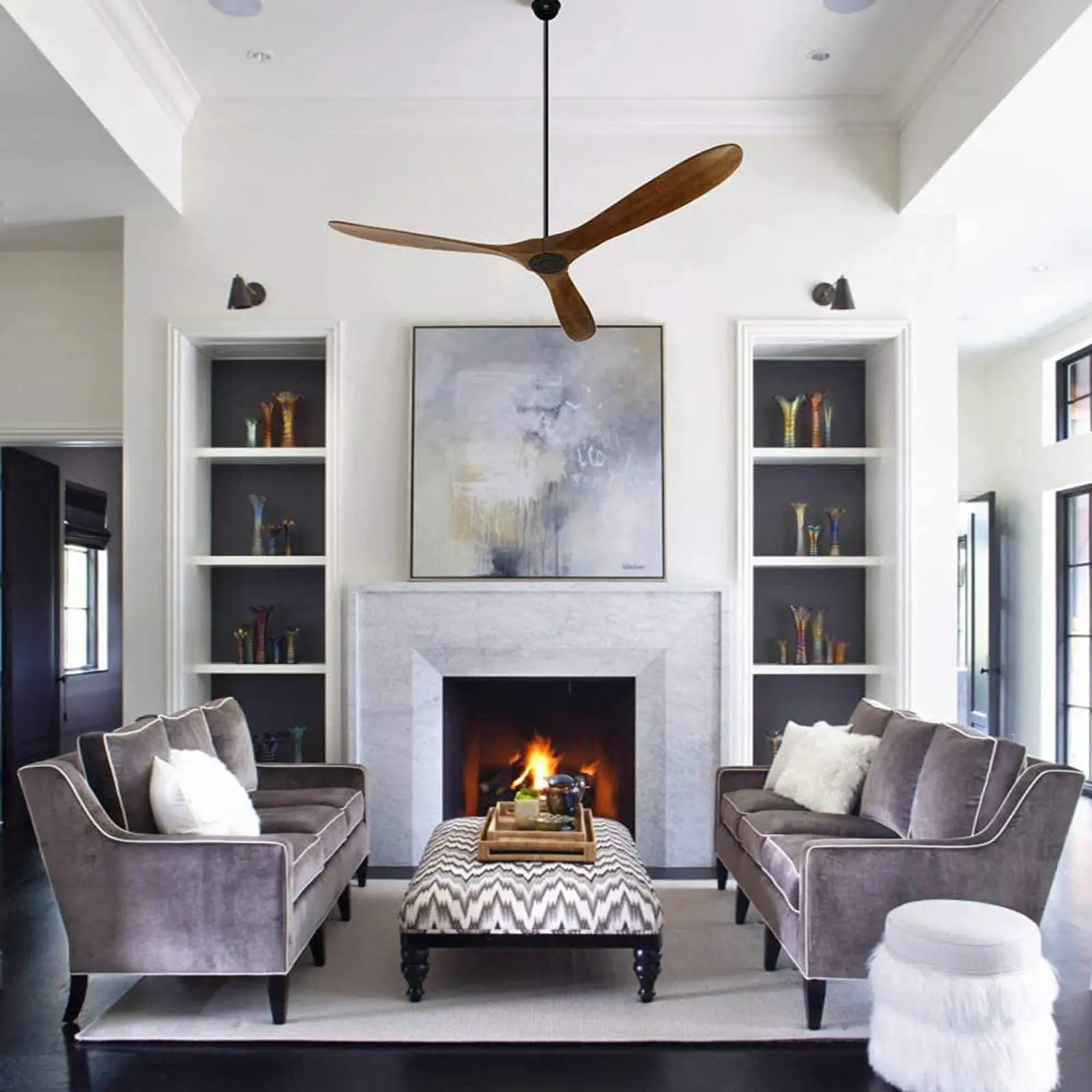 مروحة سقف حديثة بدون ضوء 52 بوصة مراوح سقف خشبية قديمة، 3 شفرات خشبية بالسا، محرك تيار مستمر، لغرفة المعيشة في المطاعم #3