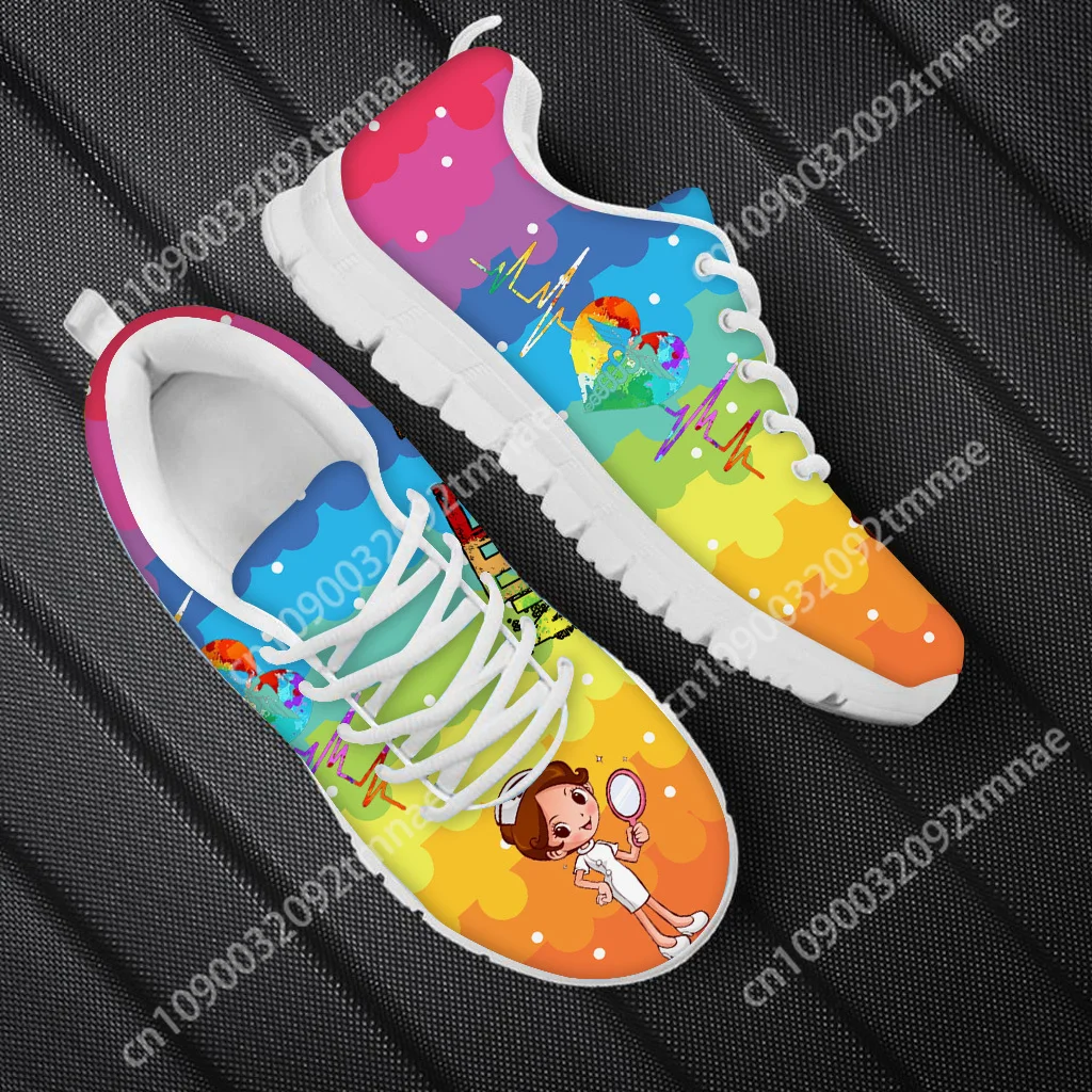 Custom Heartbeat ECG Women Cartoon Nurse Sneakers Lace Up Vulcanized Shoes Rainbow Design Flat Shoe Comfortable Footwear