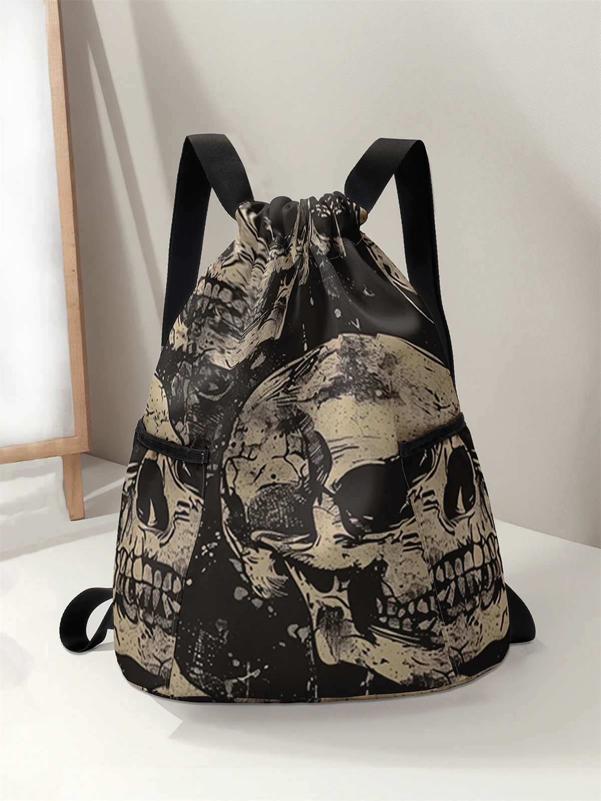 

Skeleton Pattern Drawstring Backpack - Large Capacity Durable Fitness Bag, Adjustable Shoulder Strap, Sports Beach Backpack