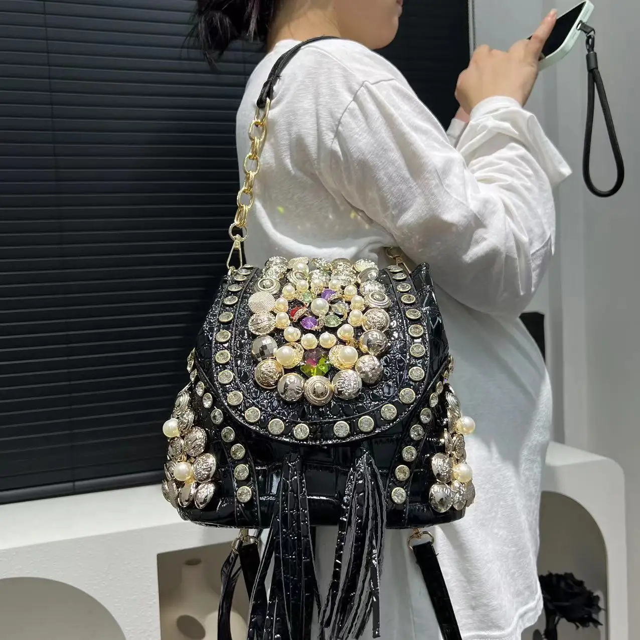 Women\'s Fashion Diamond Handbag Elegant Evening Beaded Light Luxury Backpack Crossbody Bag