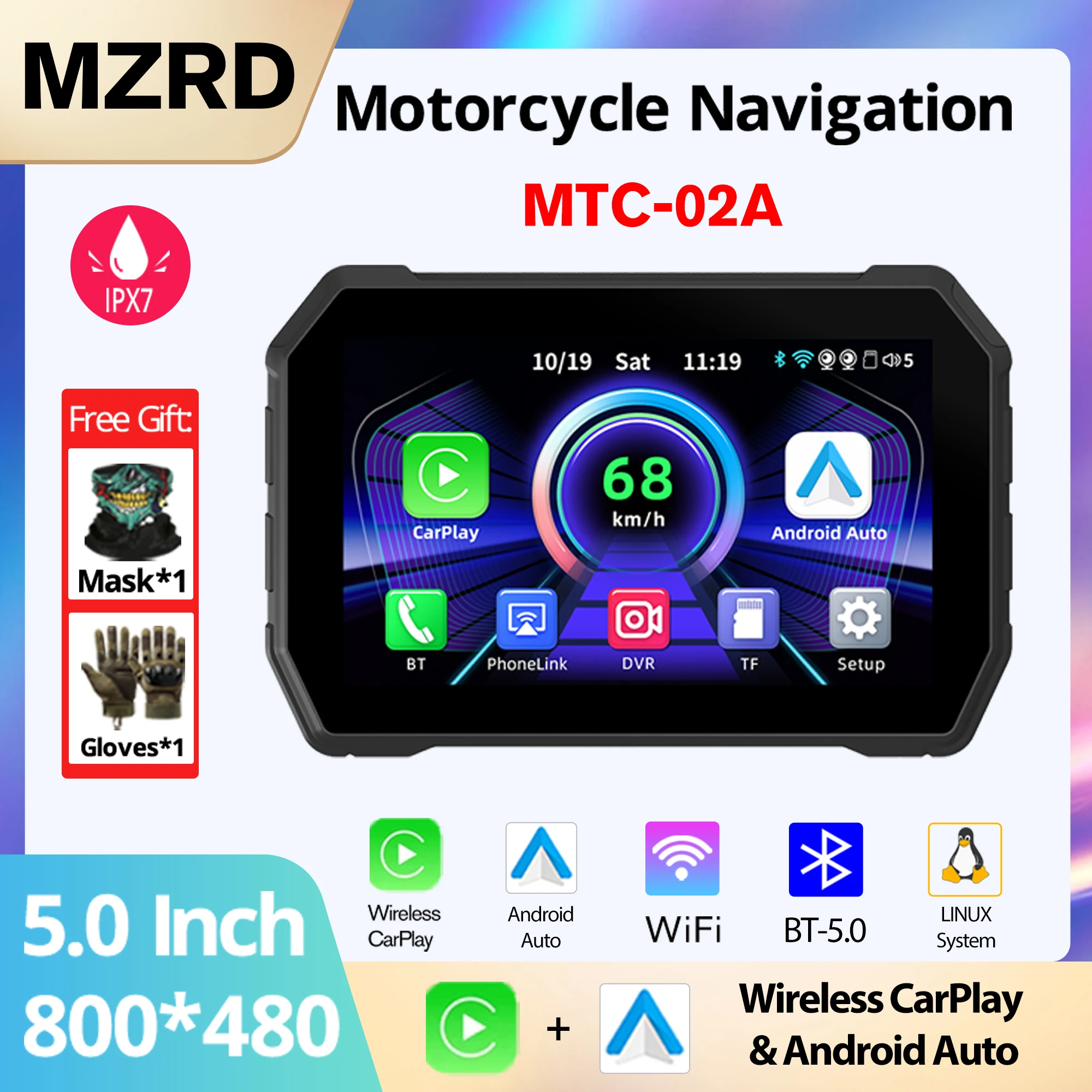 

MZRD MTC-02A Мотоцикл Беспроводной Carplay Android Авто GPS-навигация Водонепроницаемый Bluetooth Компактный HD-монитор с экраном