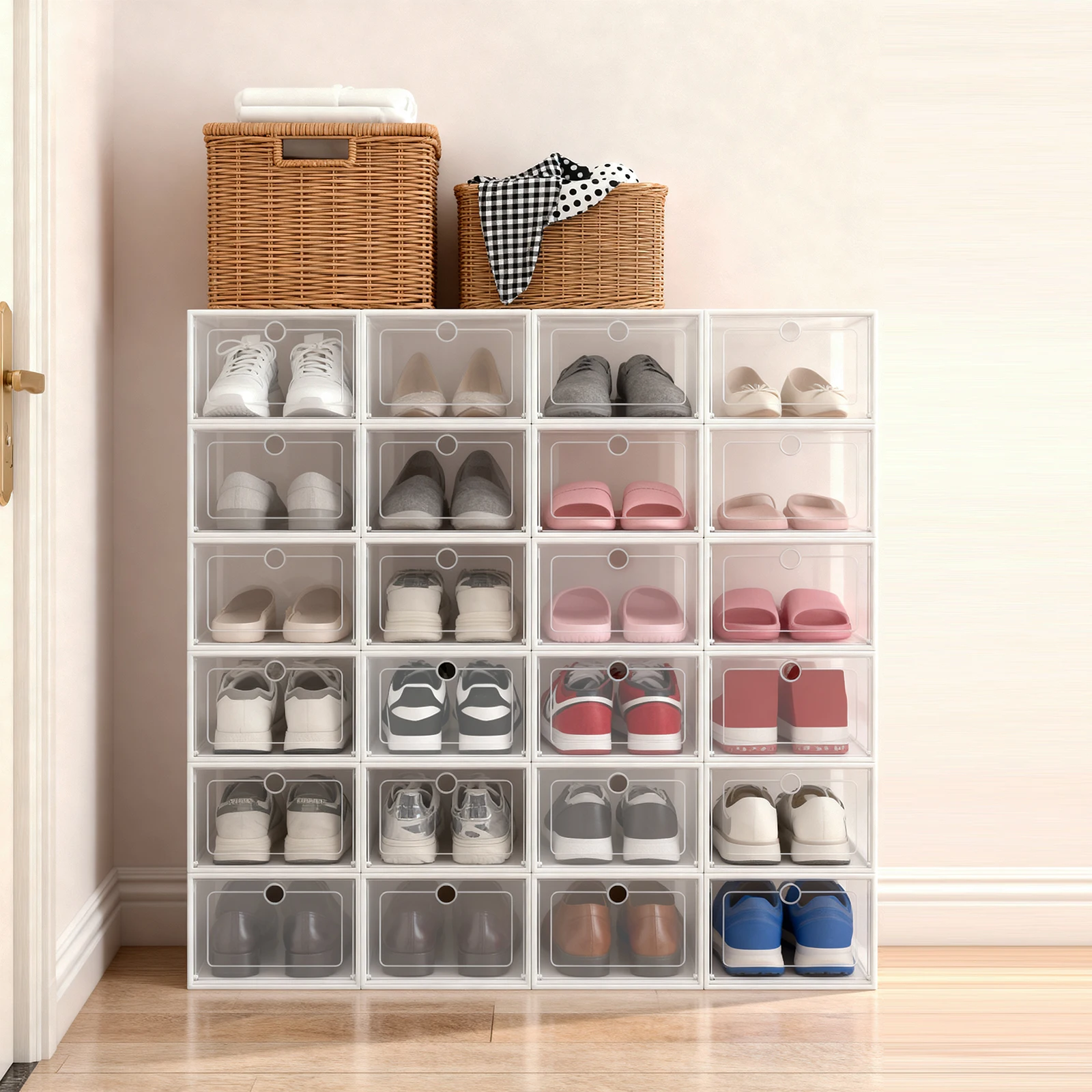 24Pcs Foldable Shoe Box, Stackable Sneaker Container Organizer, Dustproof Clear Storage Case for Living Rooms, Bedrooms, Cabinets Size of Each Box 33 * 23 * 14 Cm/13.0*9.1*5.5