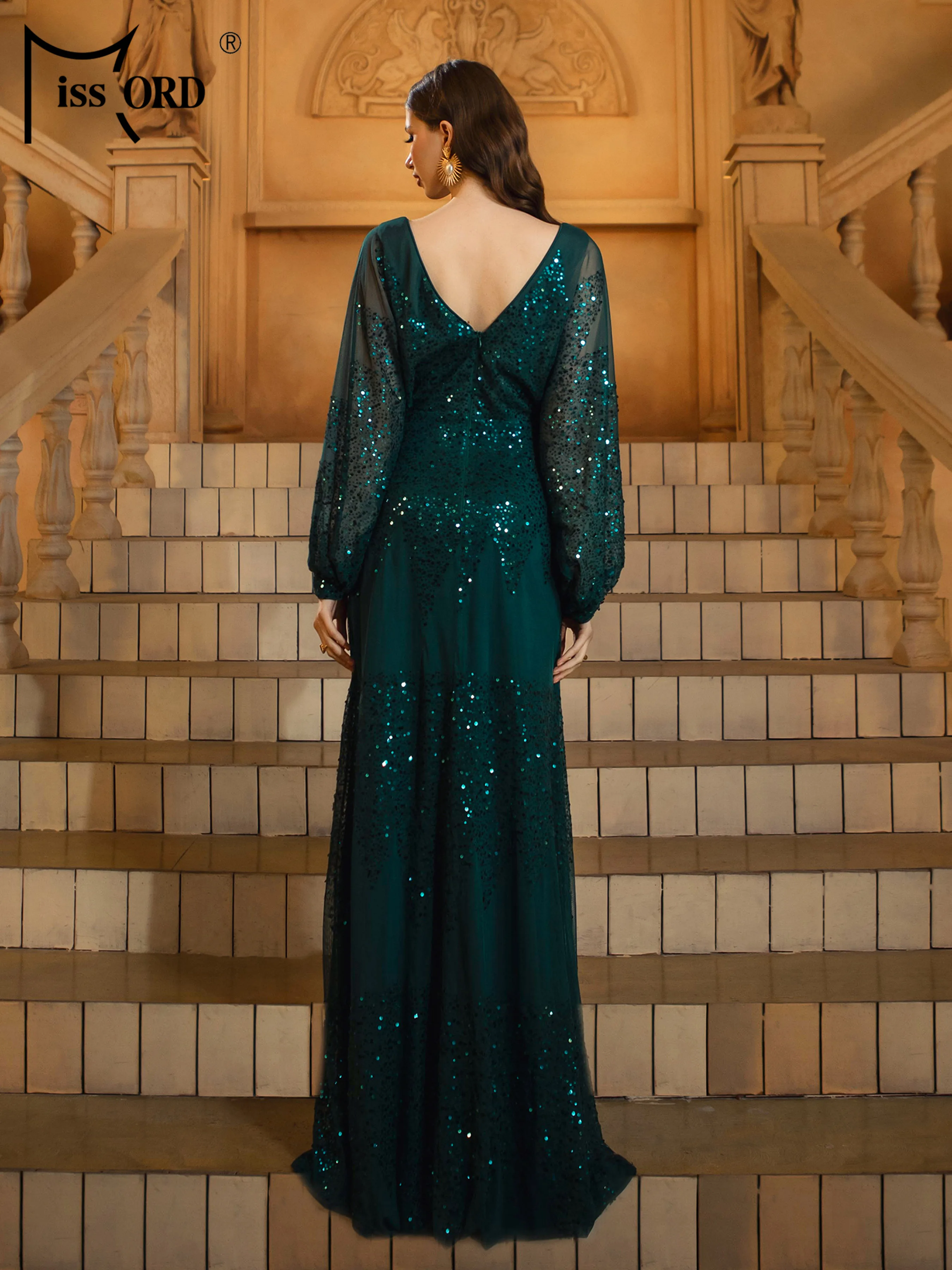 Missord New V Neck Lantern Sleeves Panel Sequin Loose Evening Gown Wedding Birthday Party Graduation Cocktail Ball Maxi Dresses