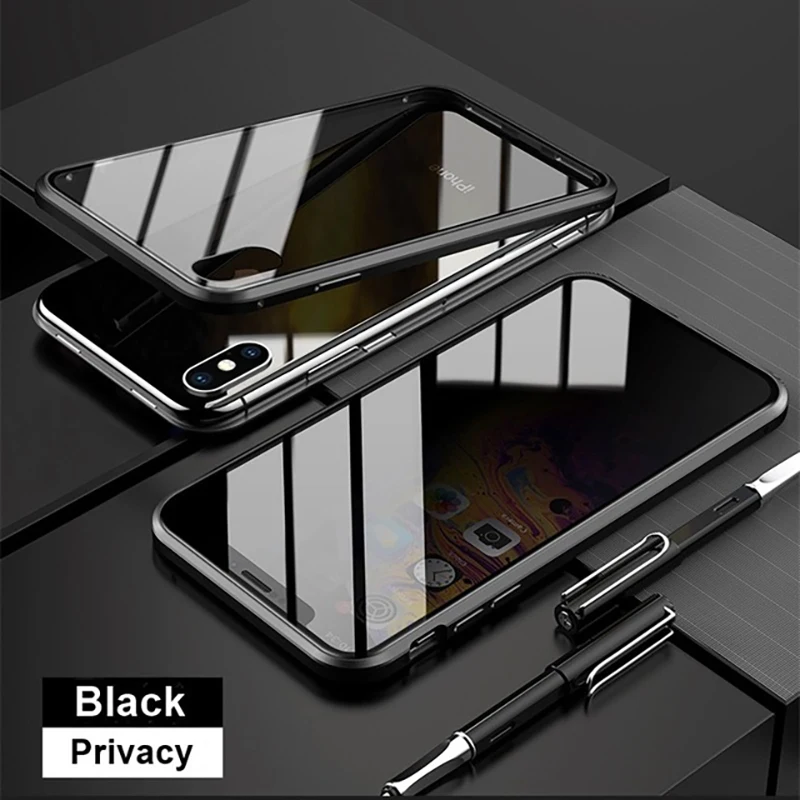 Privacy Metal Magnetic Case For iphone 13 12 11 14 15 16 Pro Max Double-Sided Glass Anti-Peeping Spy Cover For XR X 8 7 6 S SE