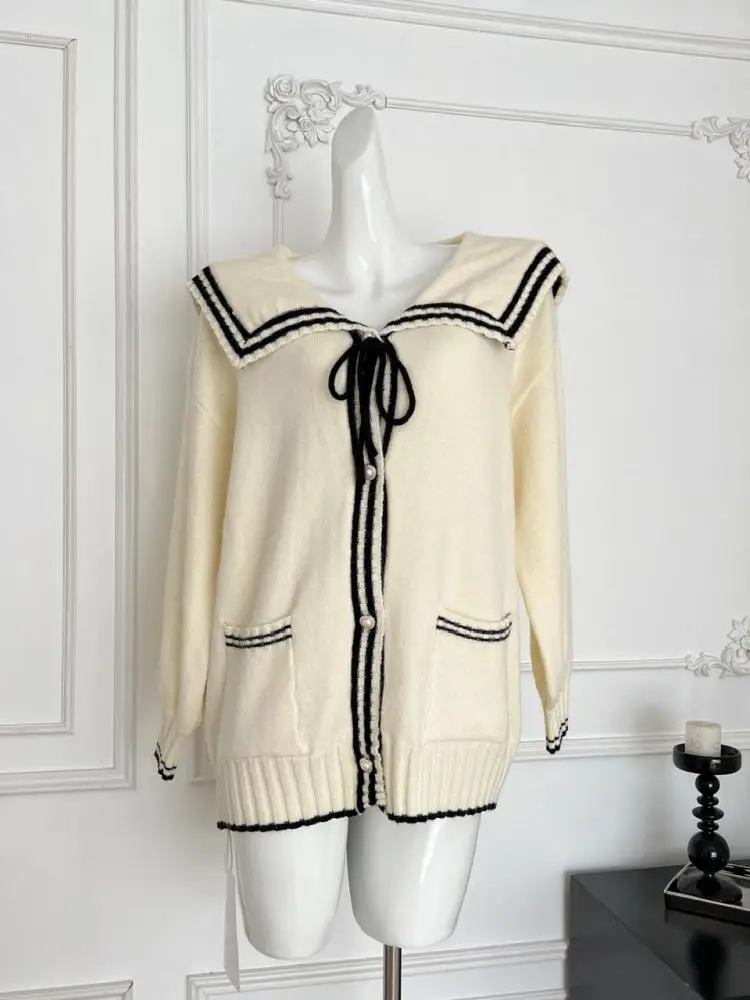 

Autumn Winter Beige Patchwork Lace-up Vacation Cardigan Knit Sweater Women Vintage Chic Long Sleeve Single Breasted Pockets Tops