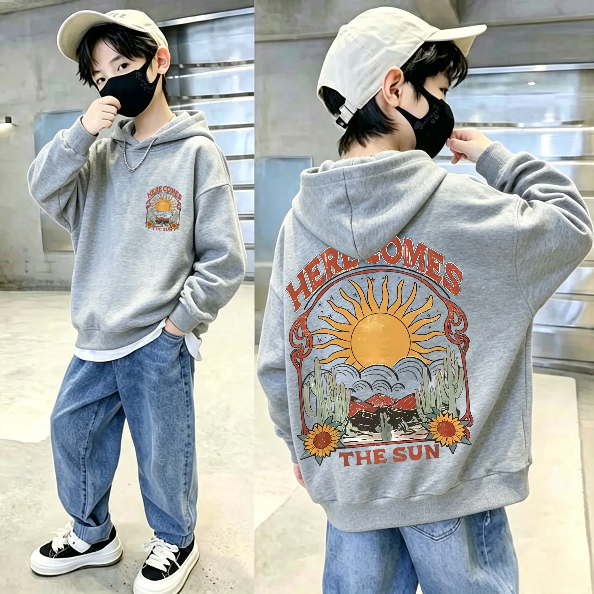 Kids Sun Cactus Vintage Print Fleece Hoodie,Warm Breathable Loose Casual Pullover Sweatshirt, Boys Girls Long Sleeve Hooded Tops