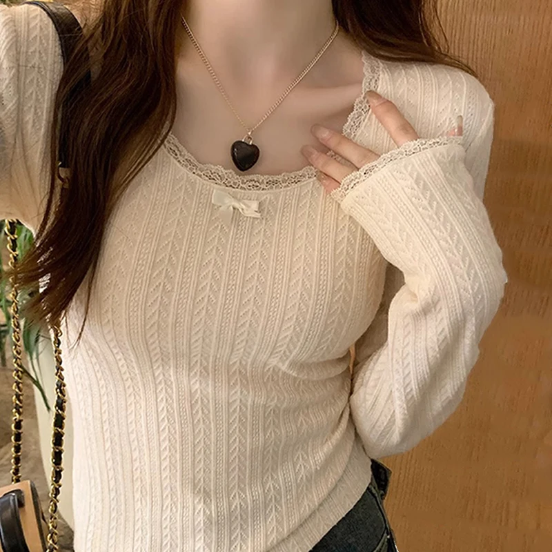 Bow Lace Trim Top Knitted O Neck Basic Casual T-shirt Women Chic Knitwear