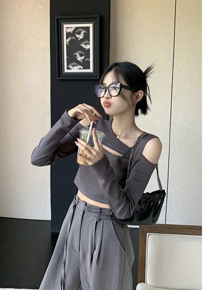 2024 Off Shoulder Crop T-shirt Women Y2k Fashion Hollow Out Long Sleeve TShirts Autumn Korean Streetwear Sexy  Slim-fit Tops