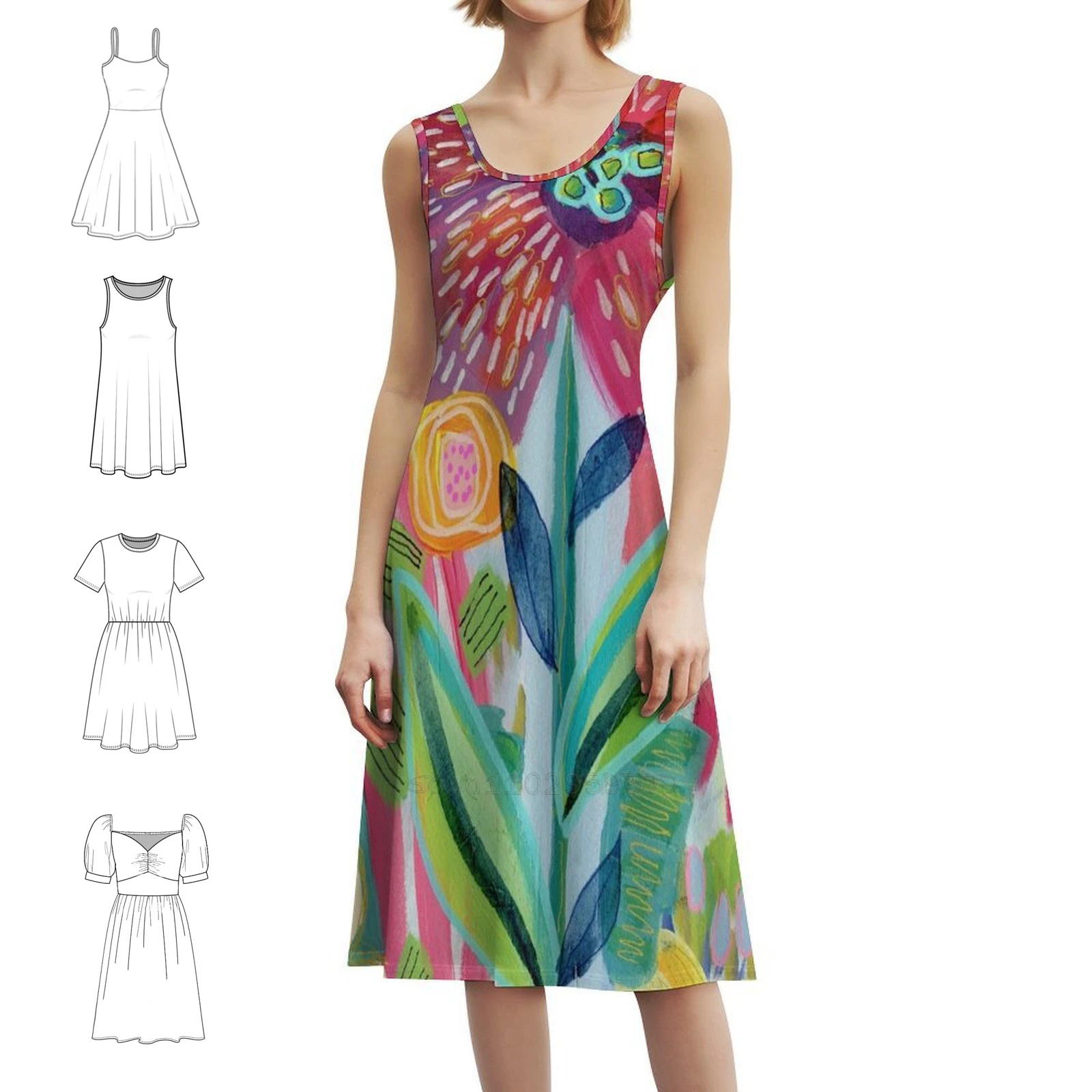 

Happy Garden Vintage Bohemian Dress Puff Sleeve Or Sleeveless Options For Women Dress Blue Teal Red Yellow Pink Tropical