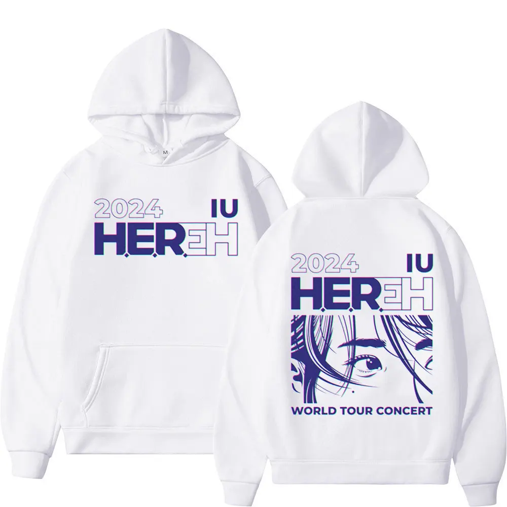 Kpop IU HEREH World Tour 2024 Double Sided Print Hoodie Fashion Trend Retro Pullovers Men Women Casual Long Sleeve Sweatshirts