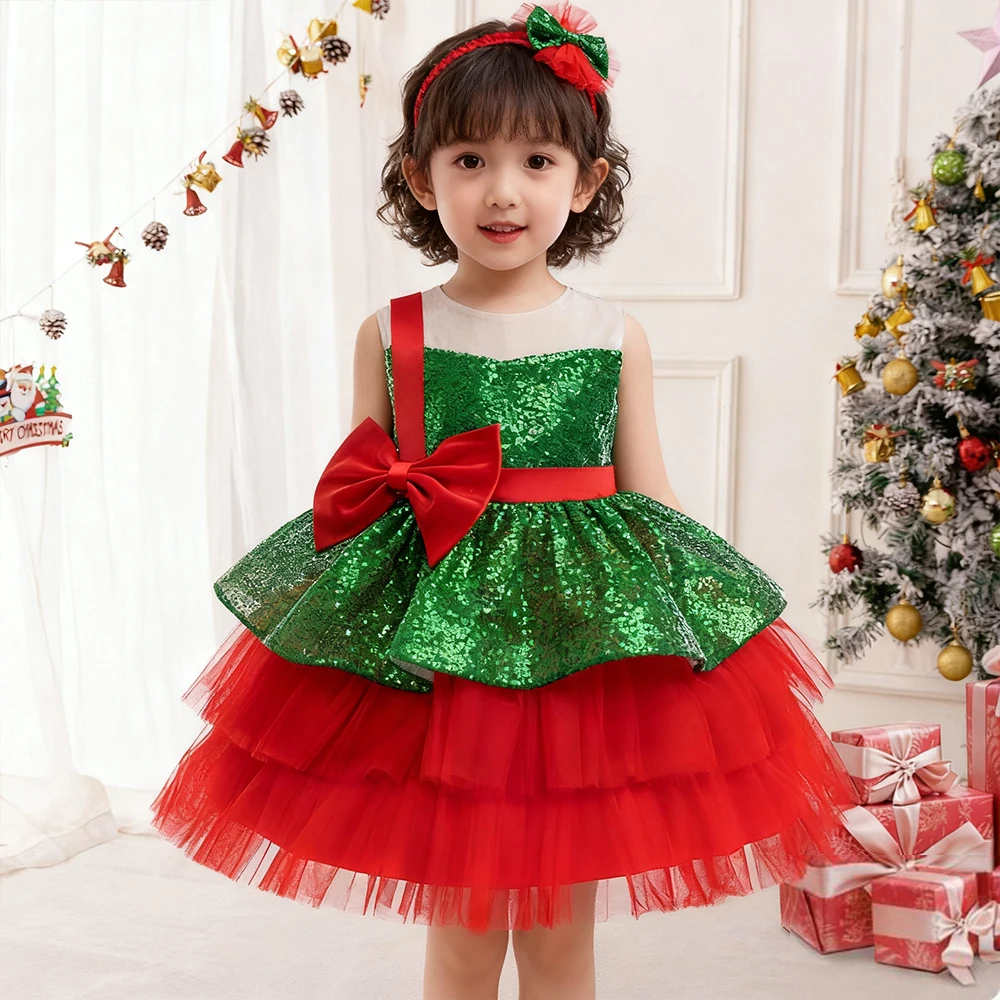 Christmas Gifts Girl Princess Dress Sequin Elegant Girls Party Dresses Bowknot Ball Gown Children's Girly Dresses Xmas Costume