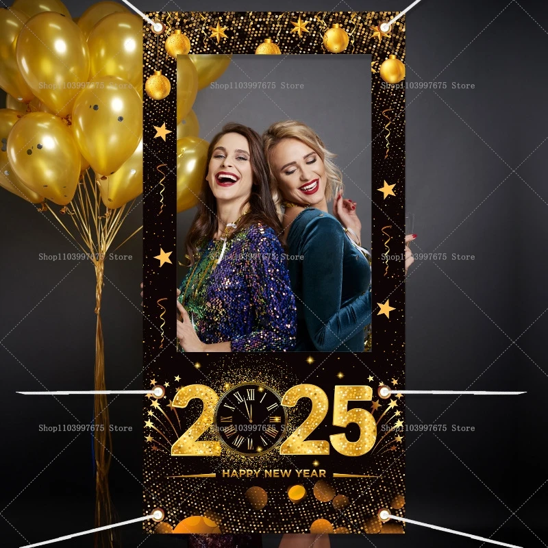 2025 Happy New Year Photo Booth Frame Props Fireworks Star Balloons Shooting Photo Backdrop Prop New Year Eve Party Decor Banner