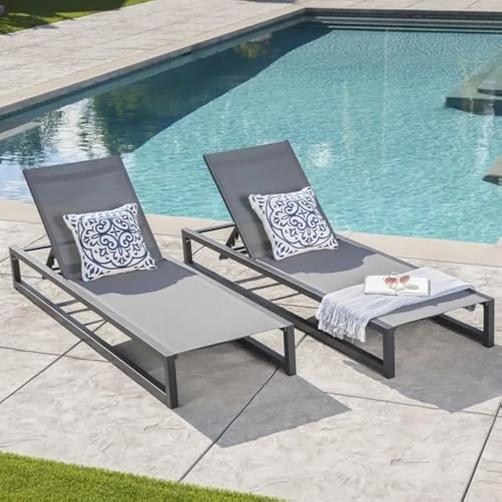 

2-Piece Reclining Lounge Chairs Outdoor with Aluminum Frame, Patio Chaise Lounge with Adjustable 5-Position Recliner and Full Fl