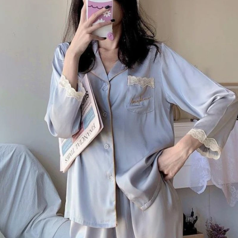 أطقم بيجامات نسائية صيفية 13 لونًا متينة وبسيطة ومتوافقة مع ملابس نوم مريحة موضة كاملة الطول للفتيات بياقة مقلوبة جديدة