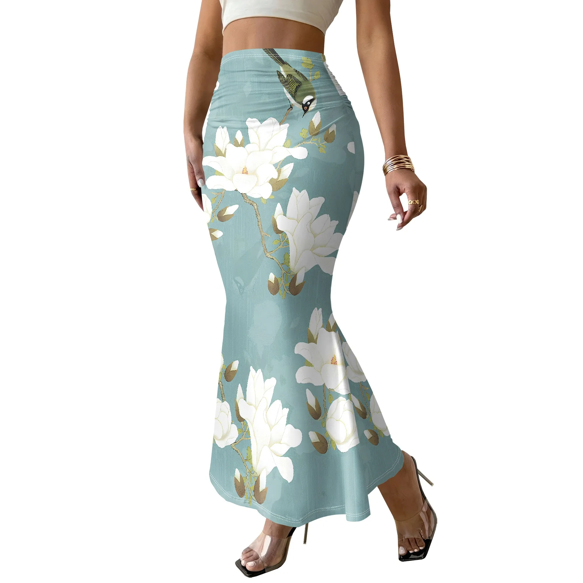 Floral Mermaid Skirt, White Flower Print Midi Skirt, High Waist Ruched Skirt, Summer Beach Party Wear for Women, S-2XL