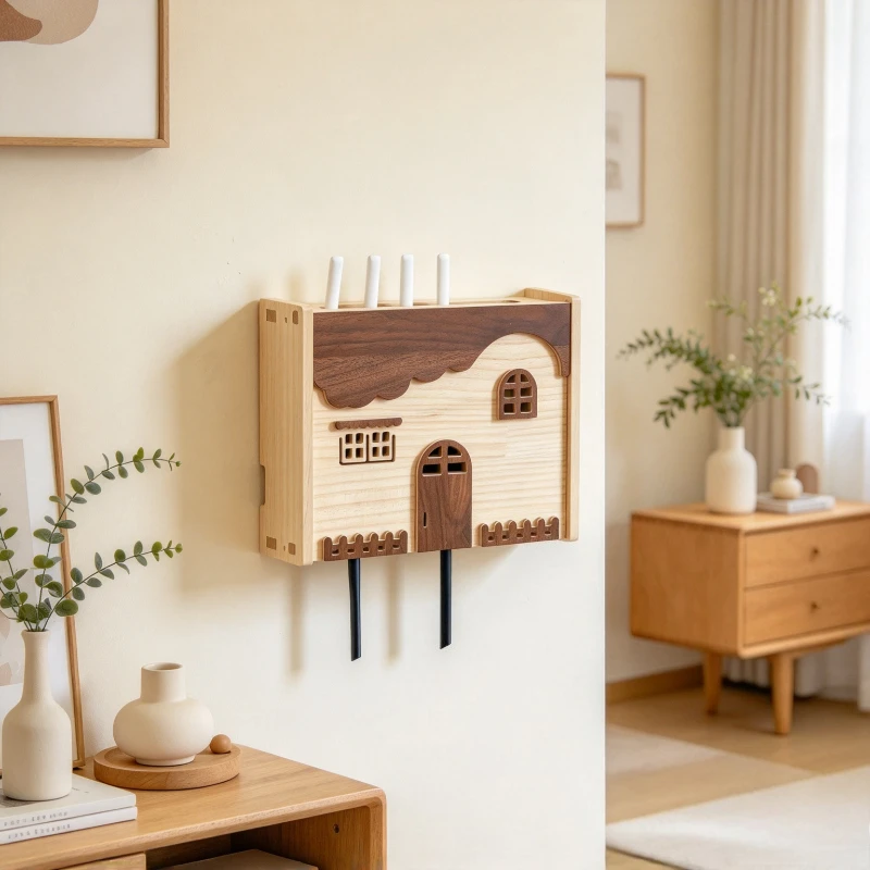 WiFi Router Storage Box, Wall Mounted Wooden Shelf for Set-Top Box, Power Strip & Cable Cover, Wall Hole Decor Organizer Use