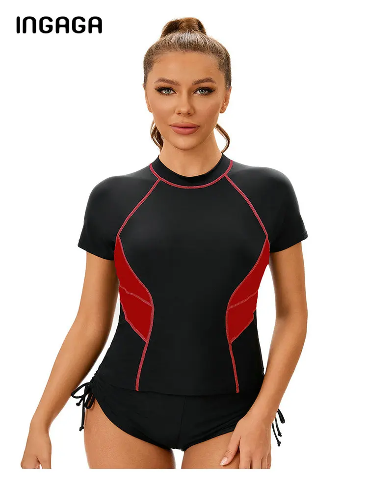 Women's Two Piece Rash Guard Tankini Set Short Sleeve UPF 50+ Swim Shirt  Bathing Suit with Bottoms