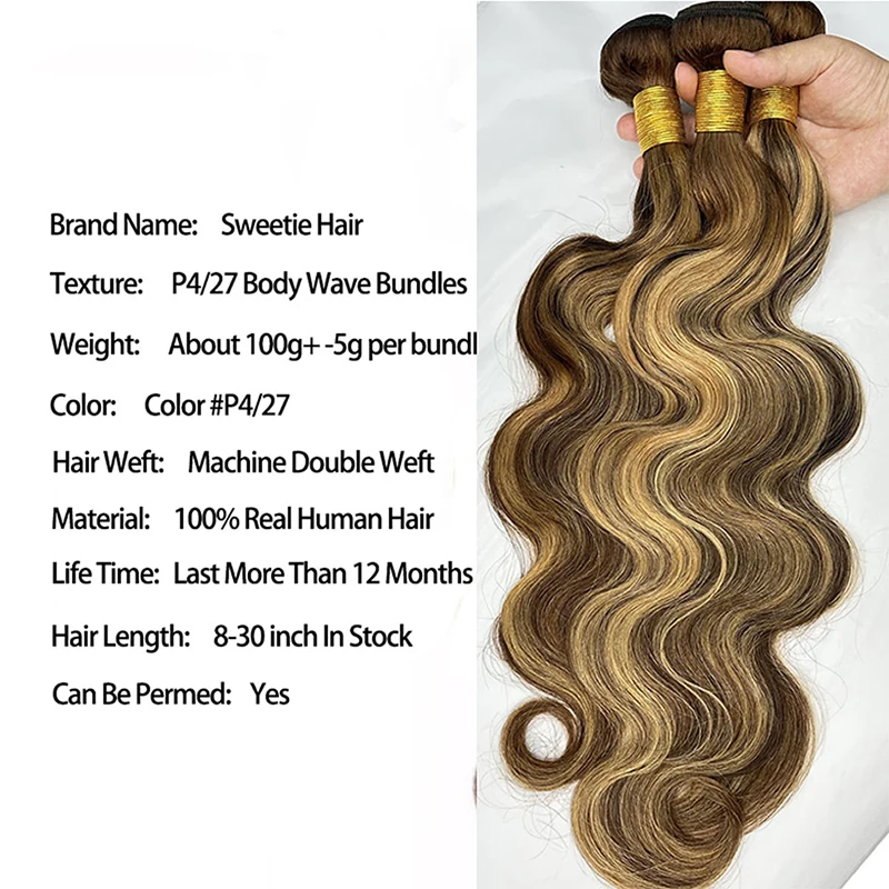 Highlight Bundles With Closure Brazilian Human Hair Ombre Body Wave Bundle With Frontal P4/27 Brown Color Remy Hair Weave Bundle