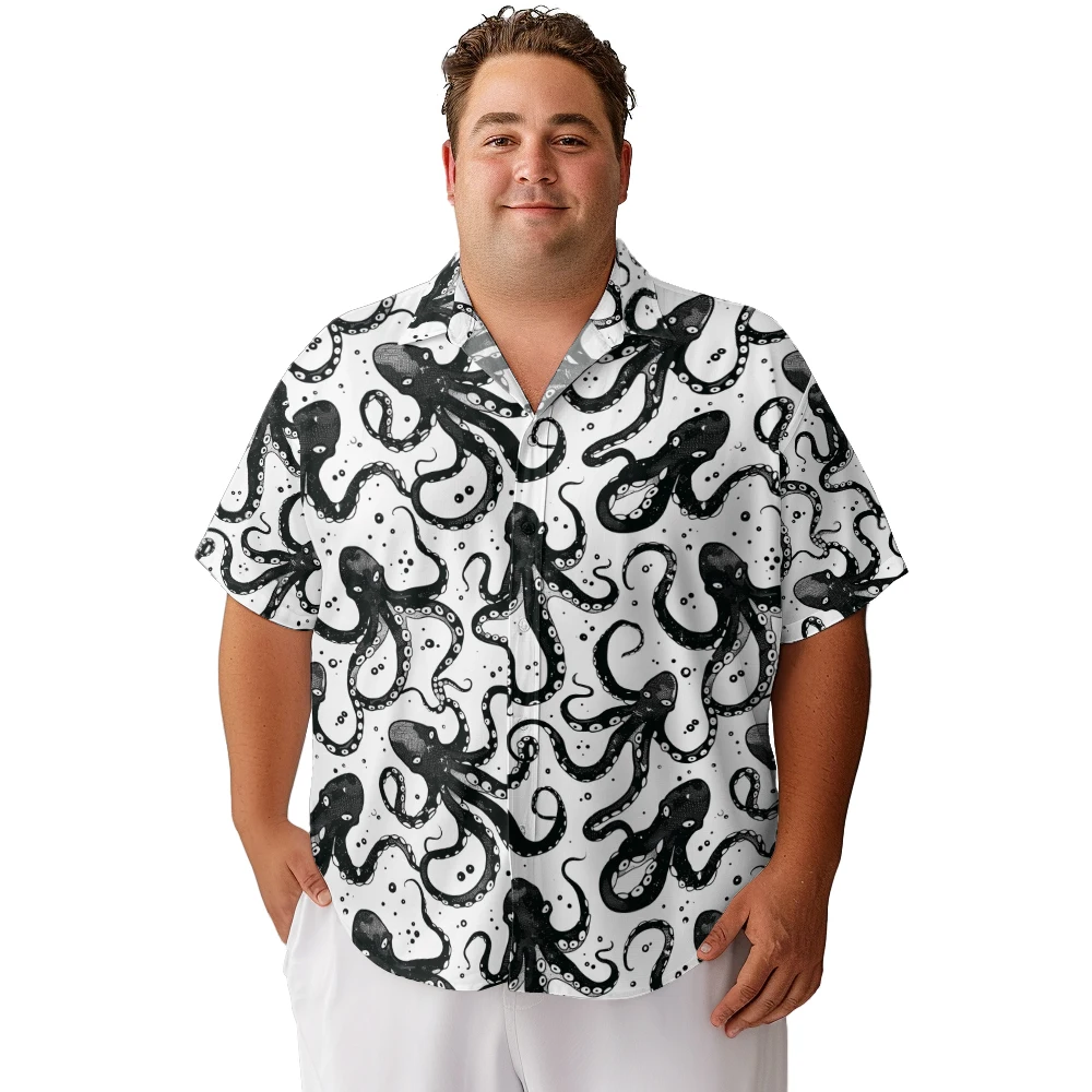 

2024 new Hawaii Men's shirts plus size Deep-sea black and white ink octopus printed clothing casual short-sleeved