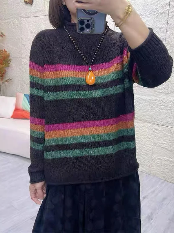 الرجعية قوس قزح المشارب f عالية Ne محبوك سترة نسائية فضفاضة عادية الخريف الشتاء الدافئة أعلى تريكو مريح #2