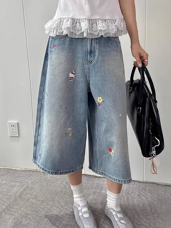 

Summer New Sle Women's Cartoon Print 7/8 Length Loose Fit Wide Leg Jeans Casual Comfortable plus Size Slimming High Waist