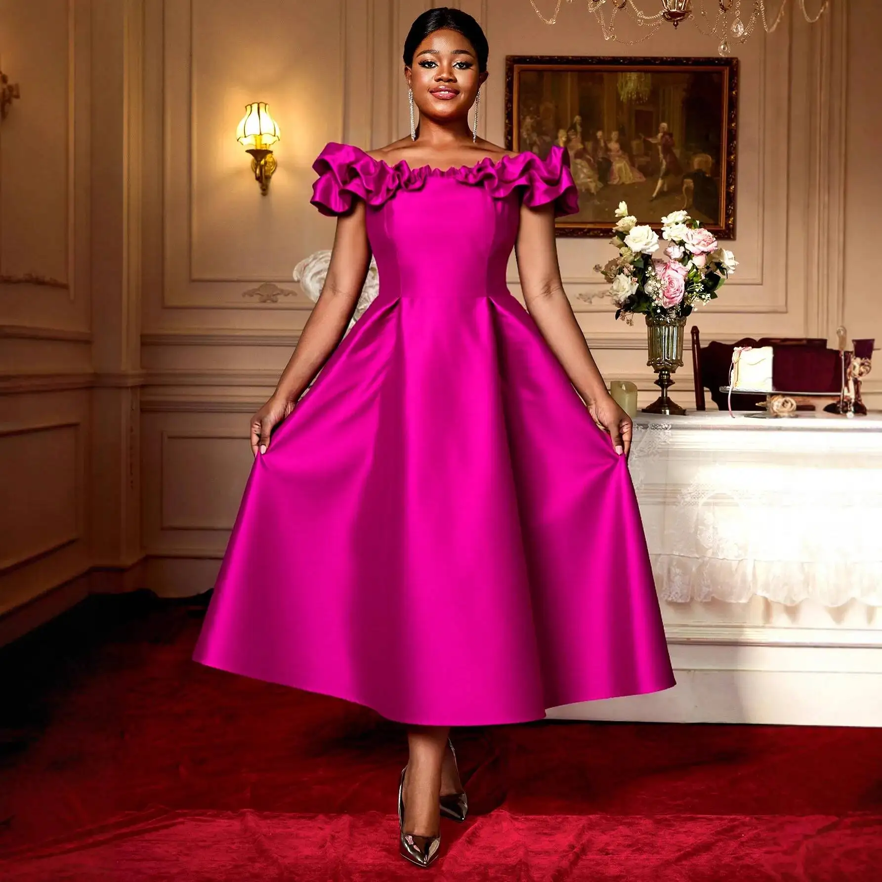 

Dress Plus-size In Women's Rose Red With Ruffled Edges And Off-shoulder Design, Waist-cinching, Full-length Midi Dress, Elegant