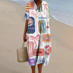 Women coquette Bow Linen Dress canned Sardine fish Print Dresses vacation outfits woman 2024 luxury brand designer dress