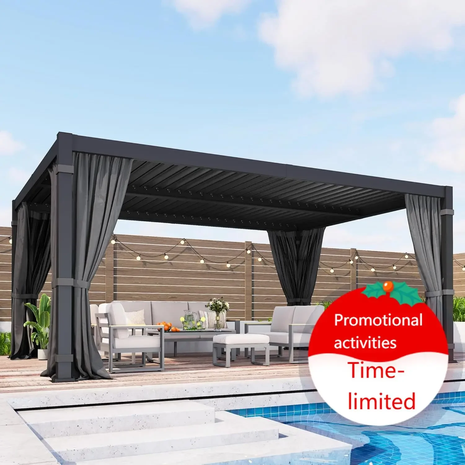 12' x 16' Louvered Pergola, Metal Outdoor Pergola with Adjustable Louvered Roof, Curtains & Netting, Gutter System, Hardtop Pati