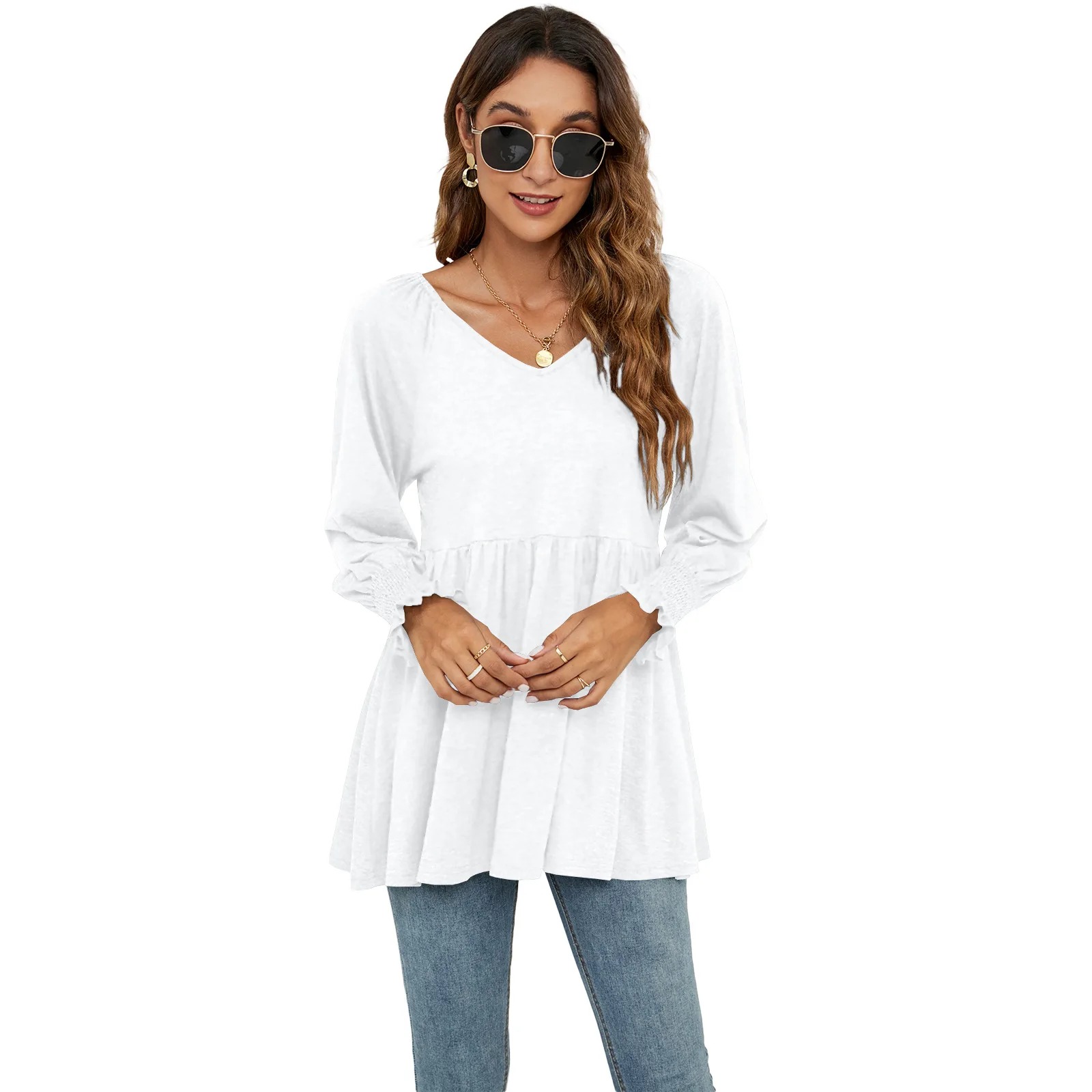 

Women's New V-neck Bubble Long Sleeve Tunic Blouse T-shirt Woman