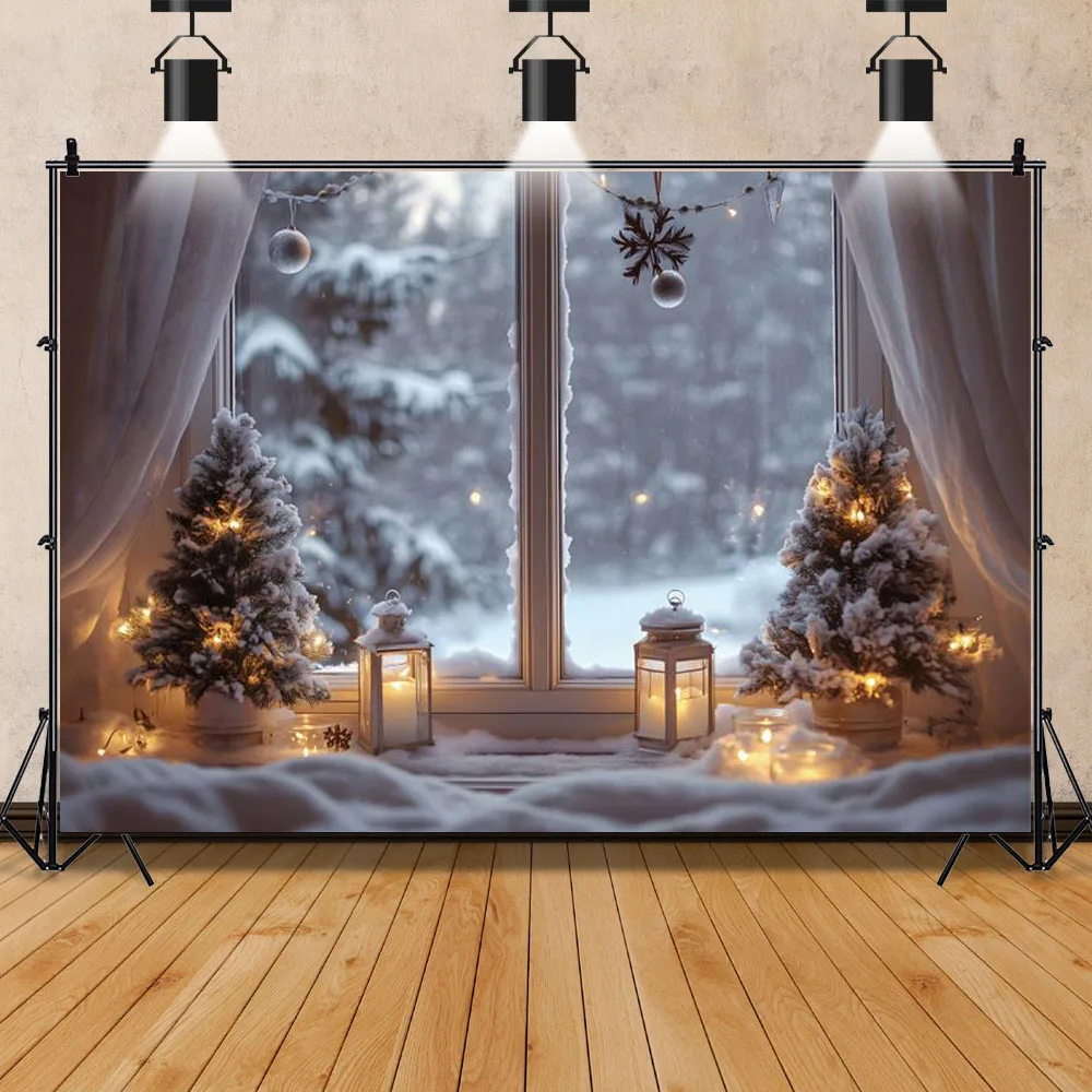 Lilin pohon Natal latar belakang fotografi Natal, properti bilik foto keluarga anak-anak, lilin pohon Natal musim dingin, adegan ambang jendela Natal