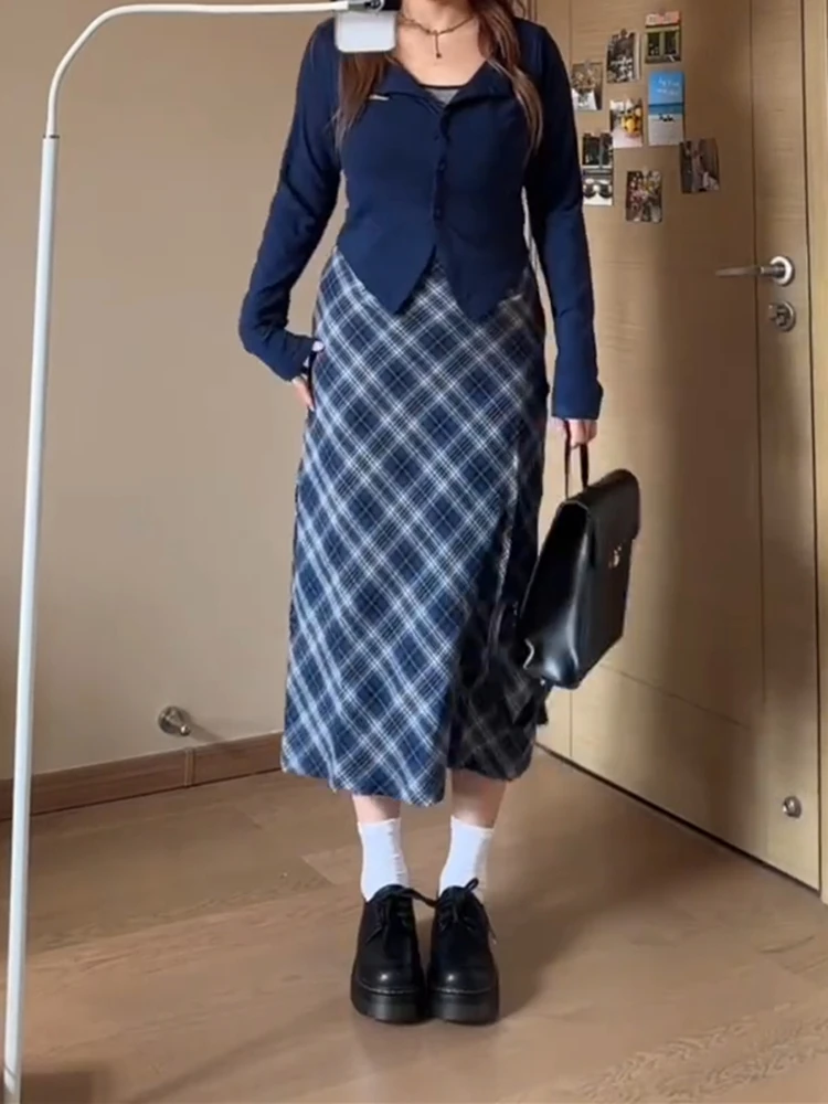 High Waist Plaid Midi Skirt Women's plus Size Conceal Meat Slim Pear ape A-Line Skirt Korean Sle Commute Pattern