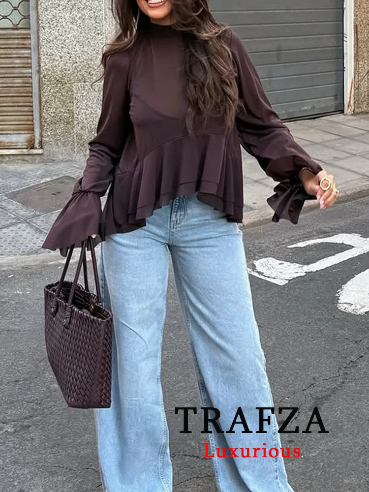 

TRAFZA Vintage Casual Chic Solid Women Blouse O-Neck Long Sleeve Bow Loose Shirts New Fashion 2025 Spring Elegant Female Blouse