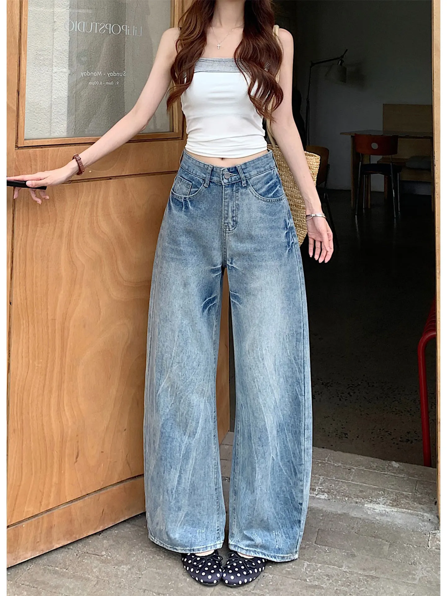 

American Retro Washed Wide Leg Denim Jeans Women Summer Small Size Loose Slimming Long Pants Knife Jeans