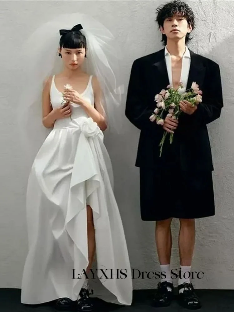 LAYXHS 韓国スパゲッティストラップのウェディングドレスプリーツ 3D 花サイドスリットブライダルドレスカスタマイズされたローブデマリー