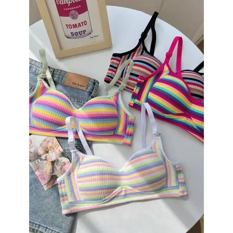 Dopamine girl rainbow stripes color girl small breast no steel ring underwear back bra bra high impact sports bra plus size